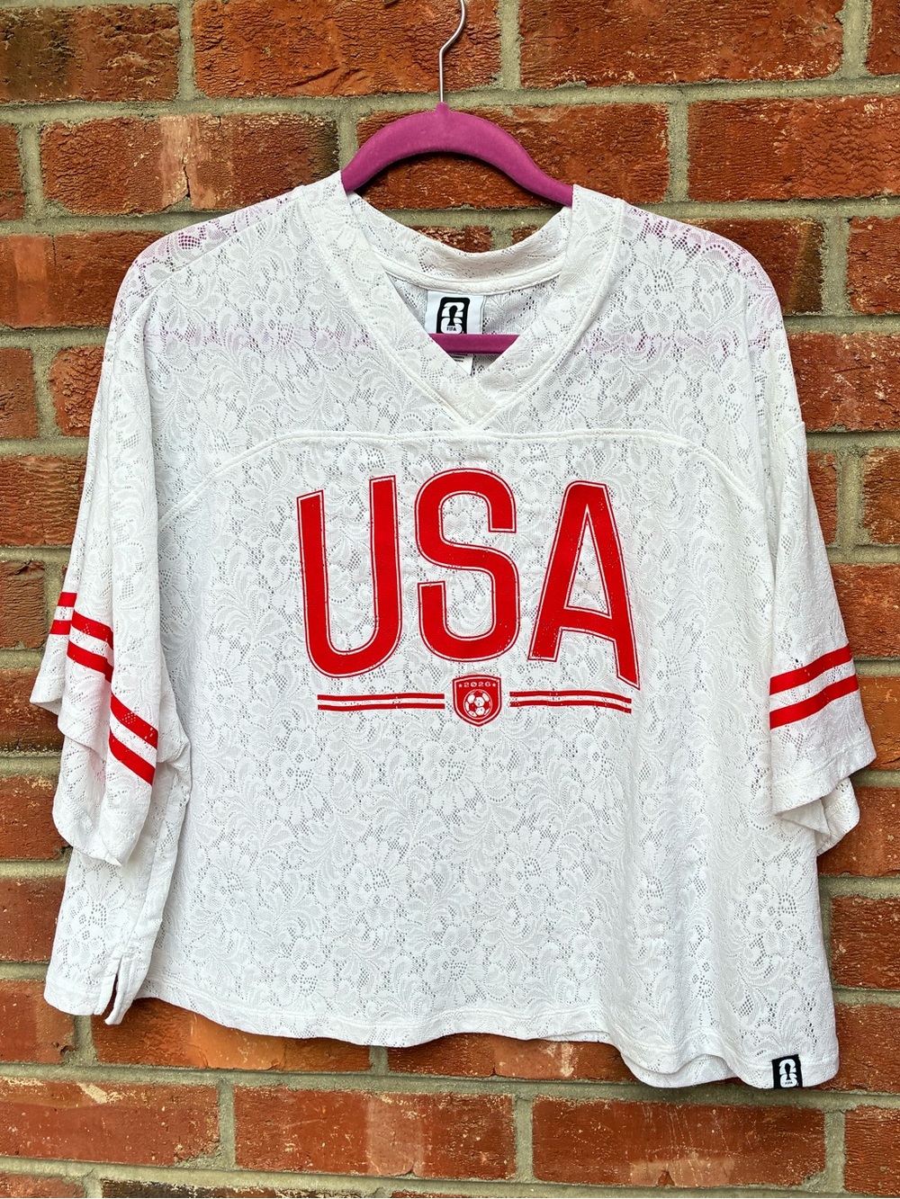 White Lace USA Jersey Top with Red Accents